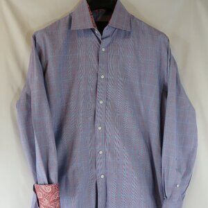 Haggar Mens Blue Red Micro Check Plaid Dress Shirt Paisley Trim Cuff/Slve Large